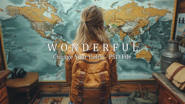 PSD young woman with backpack looking at world map