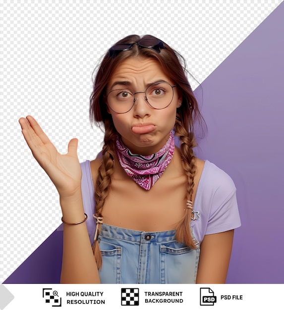 PSD young woman with braids wearing glasses and a pink bandana against a purple isolated background