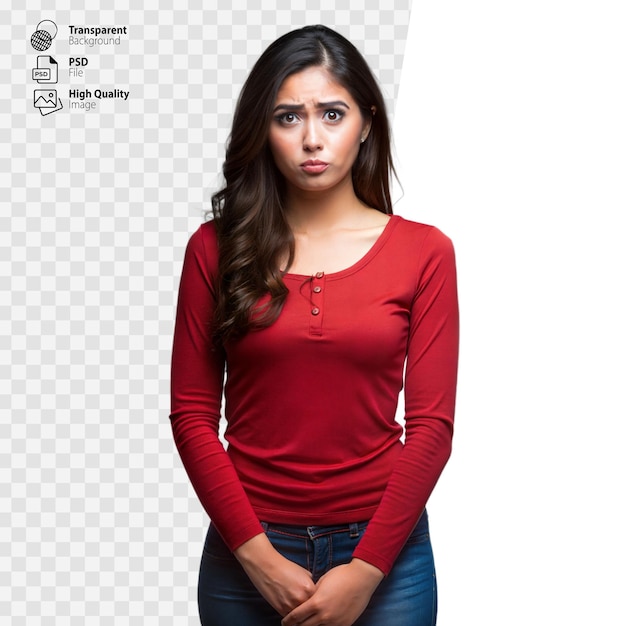 PSD young woman with concerned expression wearing red top