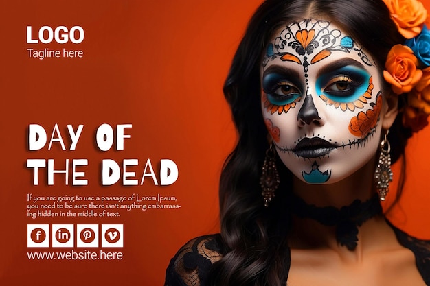 Young woman with day of the dead on orange background