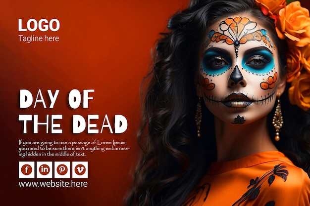 Young woman with day of the dead on orange background