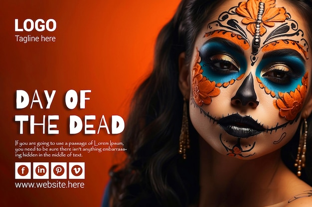 Young woman with day of the dead on orange background