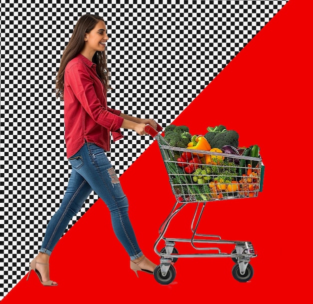 PSD young woman with fulfill vegetables shopping cart