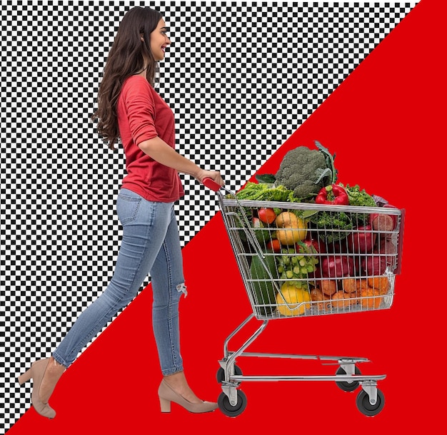 PSD young woman with fulfill vegetables shopping cart