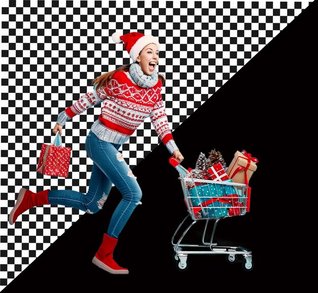 PSD young woman with fulfill vegetables shopping cart