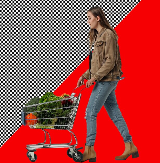 PSD young woman with fulfill vegetables shopping cart