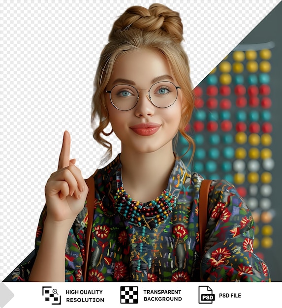 PSD young woman with glasses points up with a smile against a transparent background