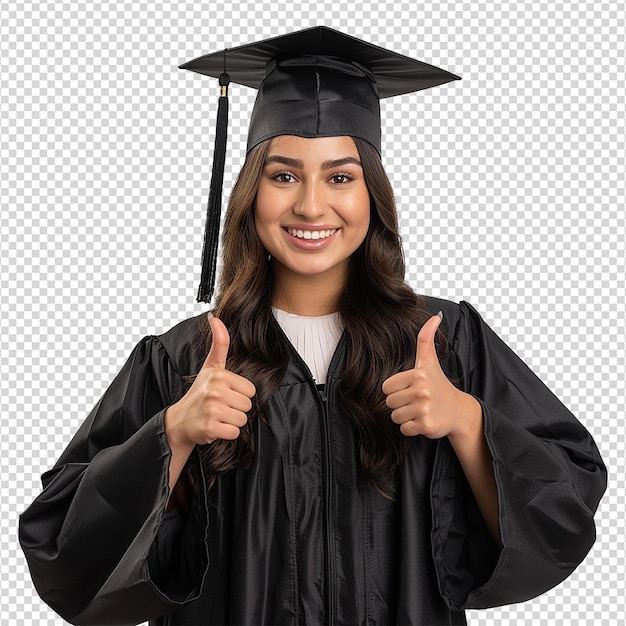 Young woman with graduation cap and gown and two thumbs up isolated on transparent background