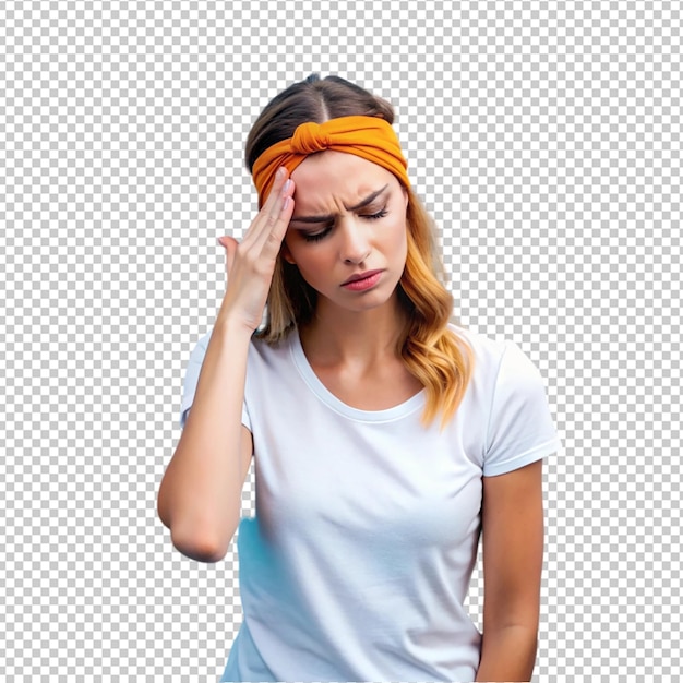 PSD young woman with headache against white background