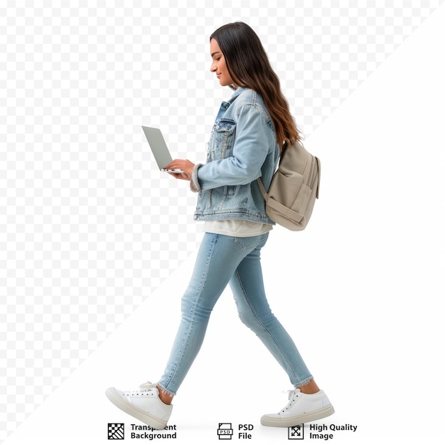 PSD young woman with laptop walking on white isolated background