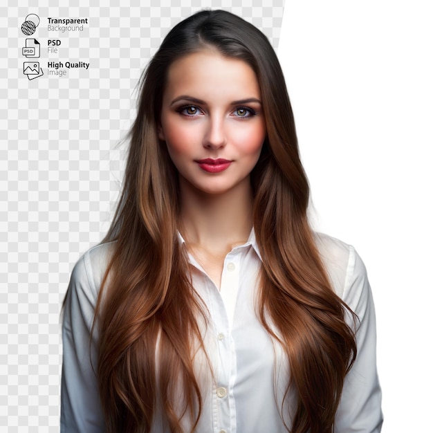 Young Woman With Long Brown Hair Wearing a White Shirt and Looking at the Camera on Transparent Background