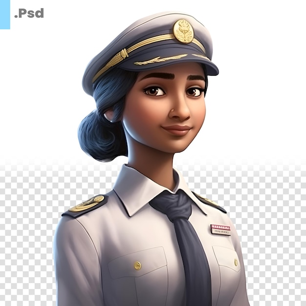 Young woman with pilot's cap and uniform 3d render PSD template