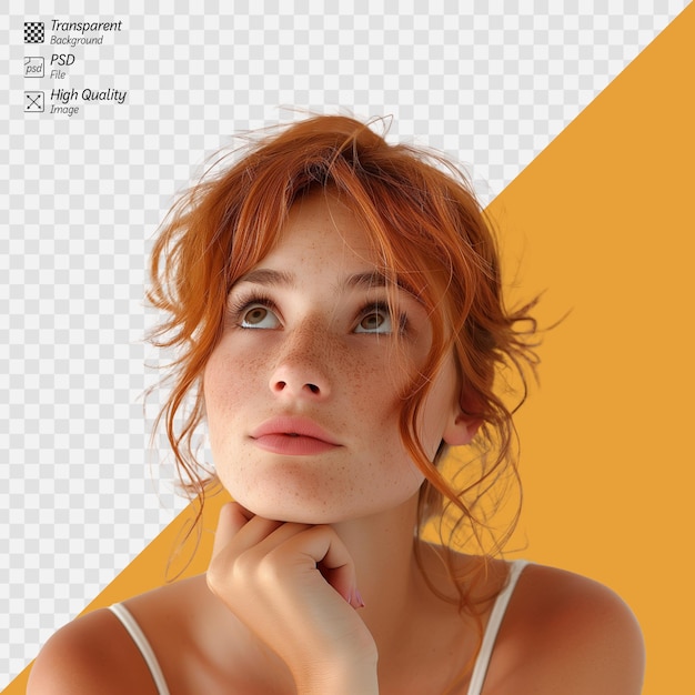 Young woman with red hair looking upward on white background