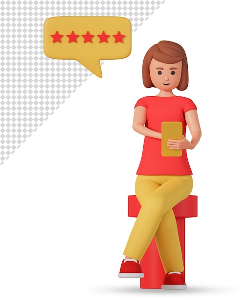 PSD young woman with smart phone and speech bubble with 5 stars rates