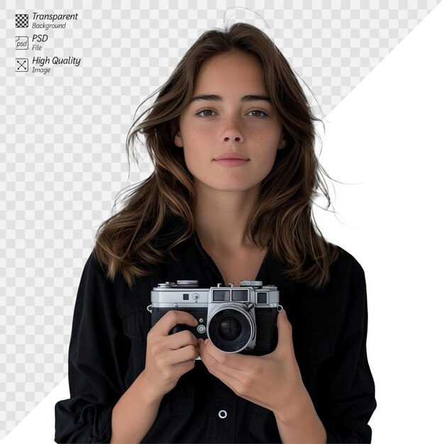 Young woman with vintage camera on a transparent background