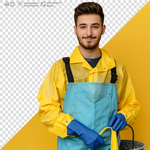 Young worker in gloves and overalls on transparent background