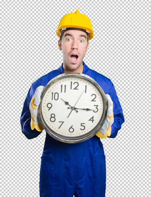 PSD young workman worried about the time on white background