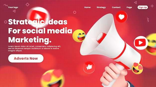 Youtube social media landing page template with social networking logos and icon around 3d megaphone