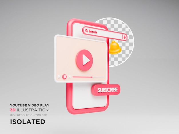 Youtube Video playing interface 3d illustration