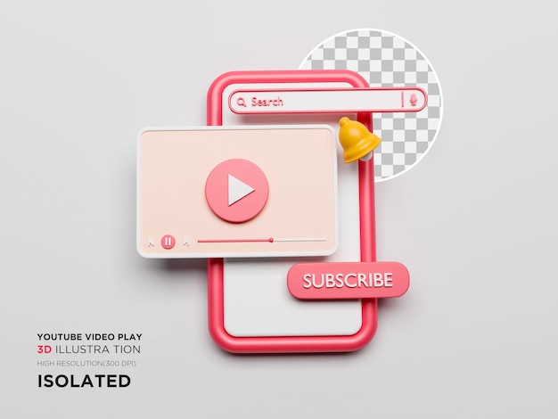 Youtube Video playing interface 3d illustration