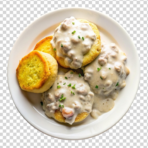 PSD yummy biscuits and gravy on white plate isolated on transparent background