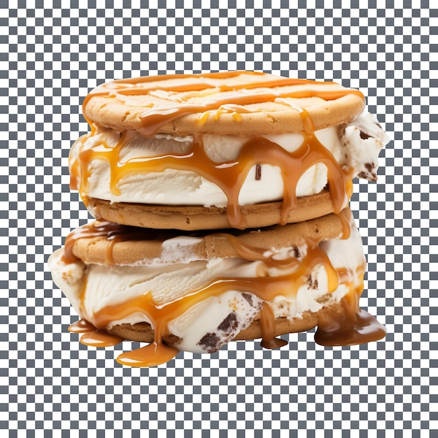 Yummy caramel swirl ice cream sandwich isolated on transparent background