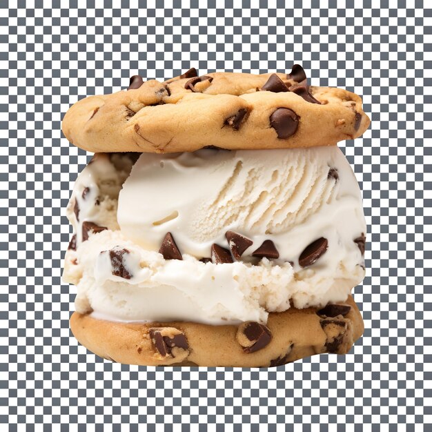 Yummy chocolate chip cookie ice cream sandwich isolated on transparent background