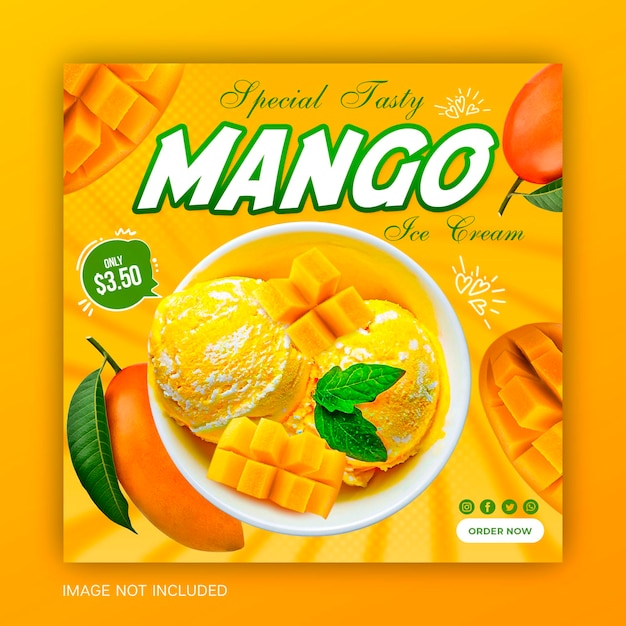 Yummy mango Ice cream with mango slices social media banner instagram square post template design