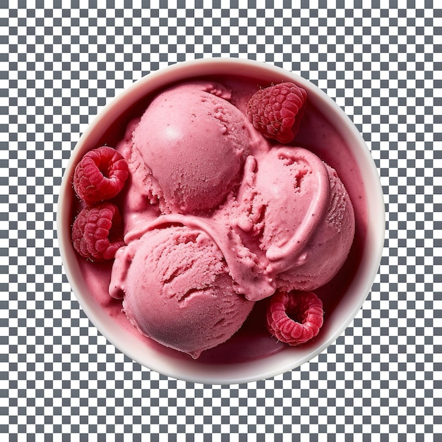 Yummy raspberry ice cream scoops in bowl isolated on transparent background