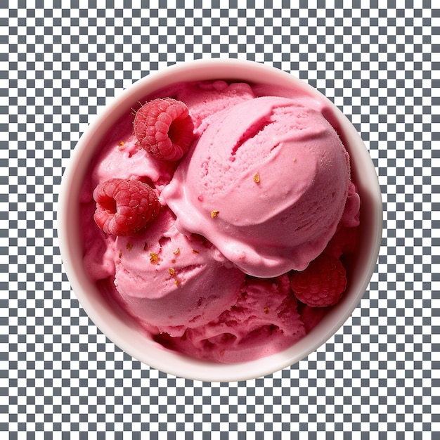 Yummy raspberry ice cream scoops in bowl isolated on transparent background