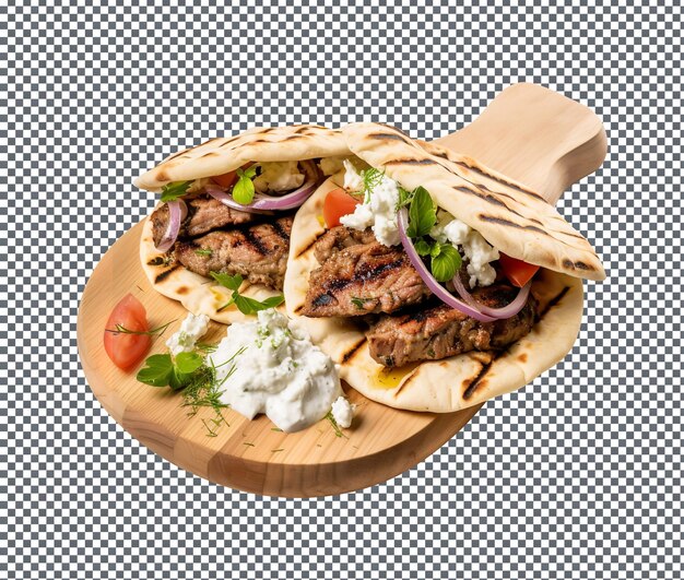 PSD yummy and spicy greek lamb souvlaki wrap burger isolated on transparent background