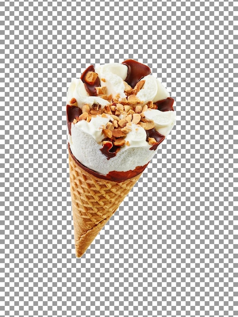 Yummy waffle cone ice cream with a chocolate and nuts with transparent background