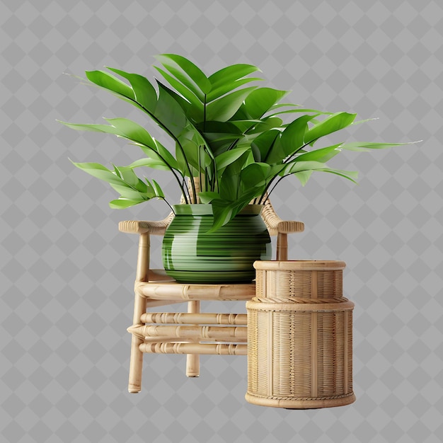 Z2 Bamboo in Rattan Pot on Rattan Stool With Color Green and Na Isolated Green Tree For Home Decor