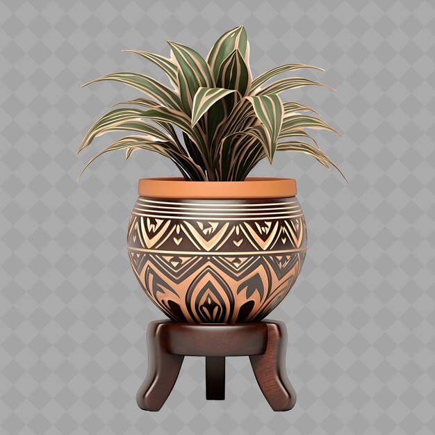 PSD z2 dracaena plant in a clay pot with tribal design on a wood st isolated green tree for home decor