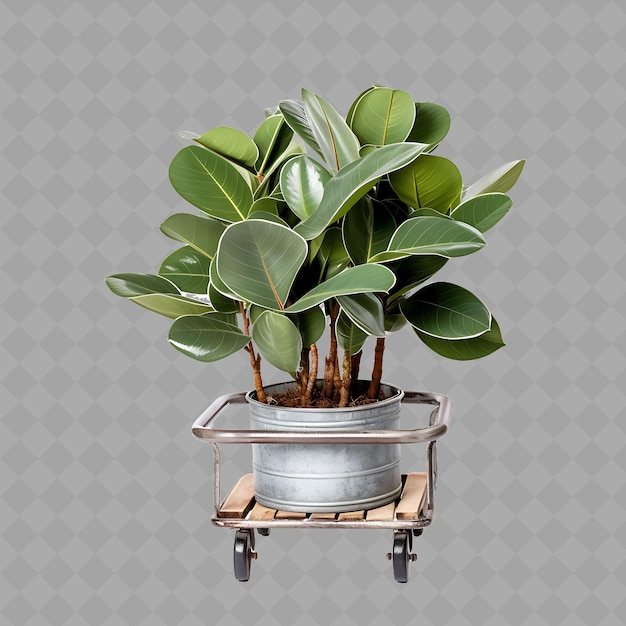 Z2 a Rubber Plant in a Galvanized Metal Pot on a Wooden Trolley Isolated Green Tree For Home Decor