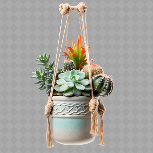 PSD z2 succulents in a ceramic vase on rope legs with color cactus isolated green tree for home decor