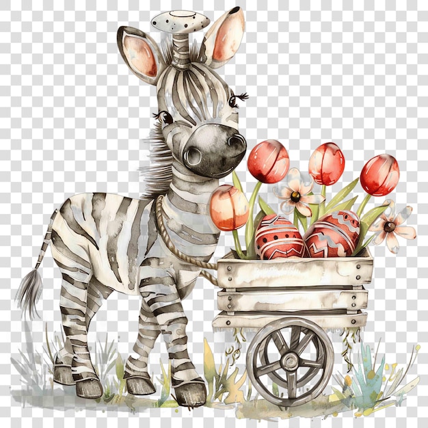 PSD zebra summer outfit pulling a cart of flowers and red easter eggs nuresery watercolor