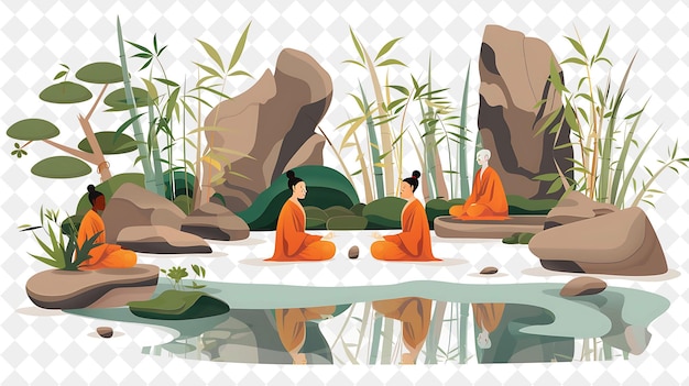 PSD zen garden with monk characters having a meditation session people life style flat illustration