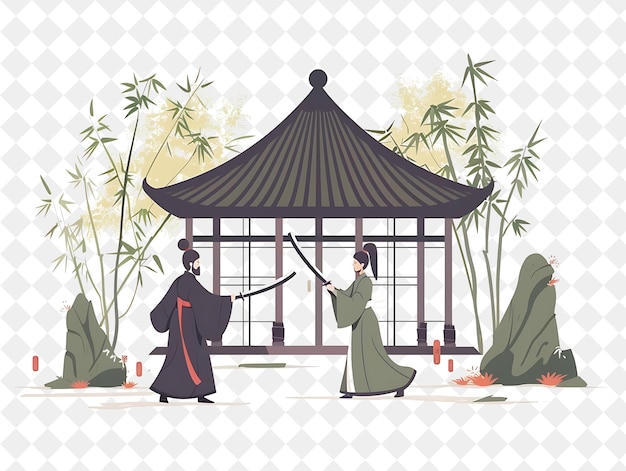 PSD zen temple with samurai characters having a sword fighting s people life style flat illustration