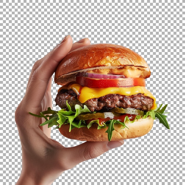 PSD zinger burger in hand on transparent background ai generated