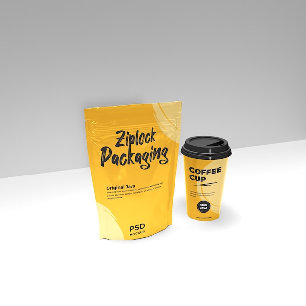 Ziplock and coffee cup realistic mockup promotion side view scene