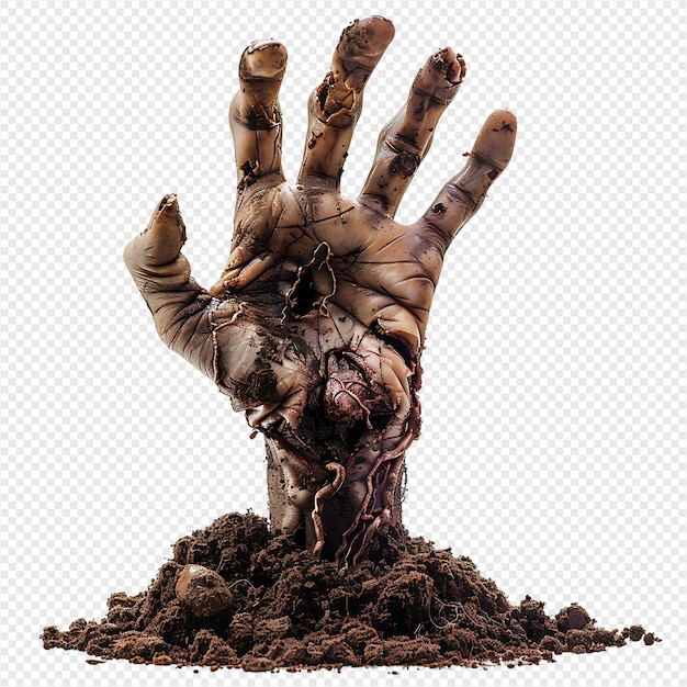 Zombie hand coming out of soil on isolated transparent background