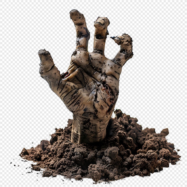 Zombie hand coming out of soil on isolated transparent background