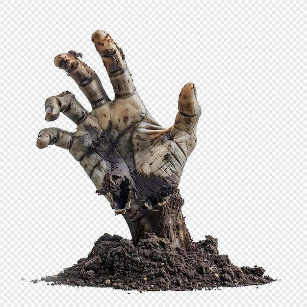 Zombie hand coming out of soil on isolated transparent background