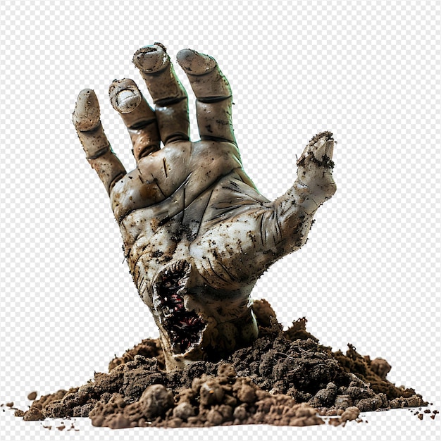 Zombie hand coming out of soil on isolated transparent background