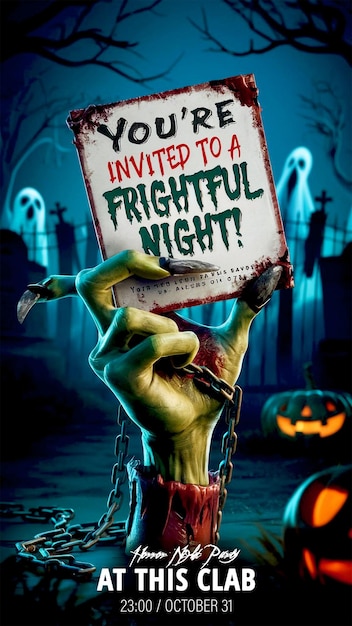 Zombie hand Halloween party poster in flat design template