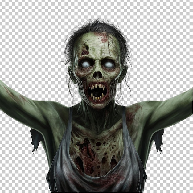 PSD zombie with decaying skin and outstretched arms isolated