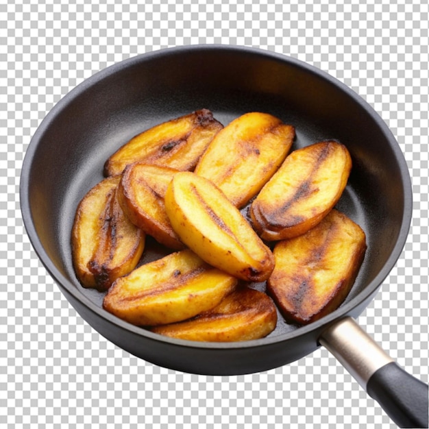 PSD zooming in on a plantains frying in a pan on transparent background