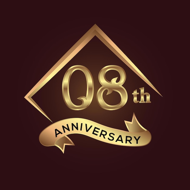 08 year anniversary celebration. Anniversary logo with square and elegance golden colour isolated.