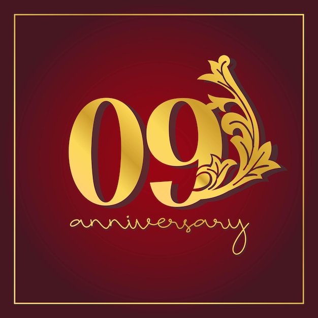 09th Anniversary celebration banner with  on red background. Vintage Decorative number vector Design